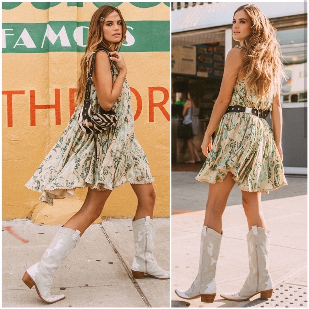 Spell aurora paisley print floral sleeveless tunic mini dress babydoll ruffle